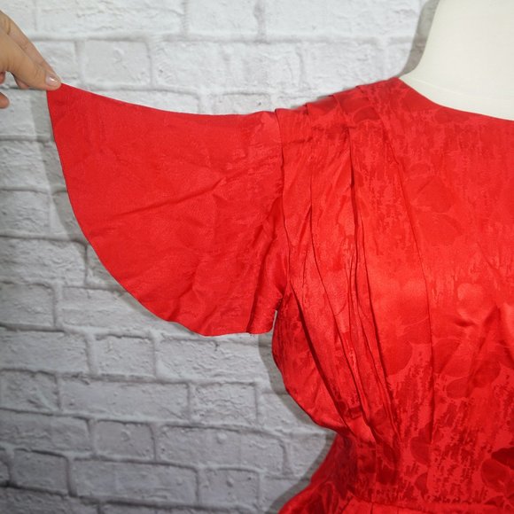 Vintage 80s Floral Silk Dolman Flutter Sleeve Peplum Dress 8 - Picture 2 of 7